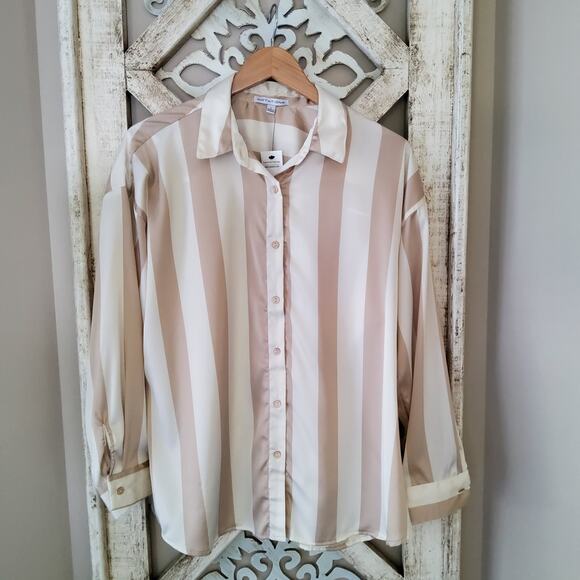 Notations Tops - Notations Women Long Sleeve Collar Button Down Shirt Blouse Beige & Cream Stripe
